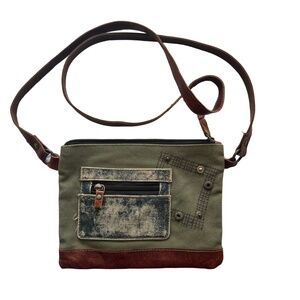 Mona B‎ Green Canvas Crossbody Brown Leather Strap Zip Pocket Distressed Bag